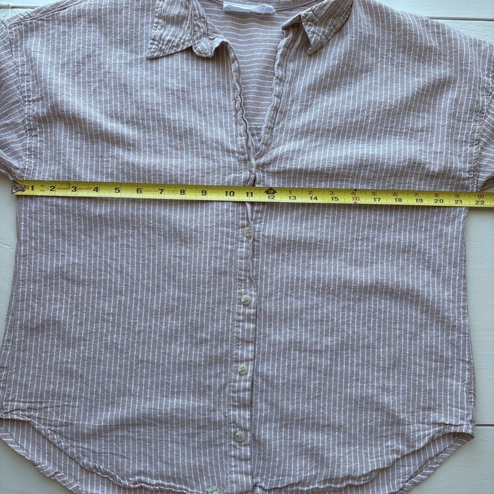 Striped Women L Button Boho Tan White Linen Blend Long Sleeve Coastal Granola - Picture 6 of 7